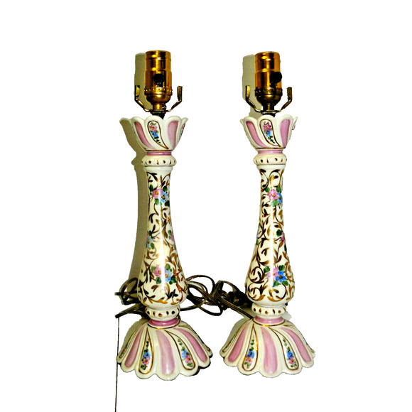 Gilted Pink Blue White Floral Porcelain Pair of Lamps Victorian Style Vintage